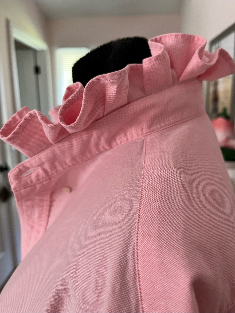 Upcycled Ralph Lauren Light Pink Button-Down Oxford Shirt with Ruffle Collar - Picture 4 of 7